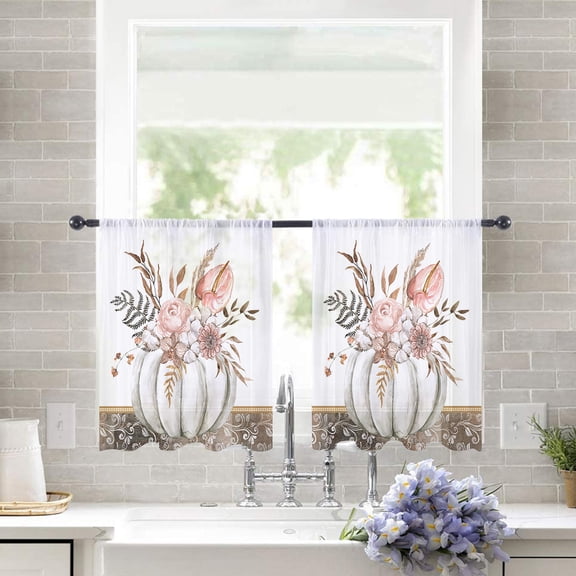 Sheer Curtains 45 inches Long, Fall Thanksgiving Watercolor Pumpkin Retro Floral Botanical Leaves Light Filtering Sheer Window Curtains Rod Pocket Voile Drapes for Living Room, 52"Wx45"L 2 Panels