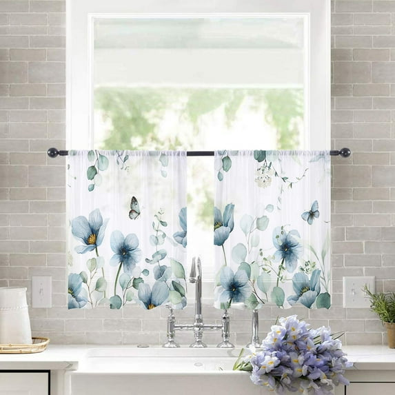 Sheer Curtains 45 inches Long, Farmhouse Style Eucalyptus Leaves Butterfly Flowers White Light Filtering Sheer Window Curtains Rod Pocket Voile Drapes for Bedroom Living Room, 52"W x 45"L 2 Panels