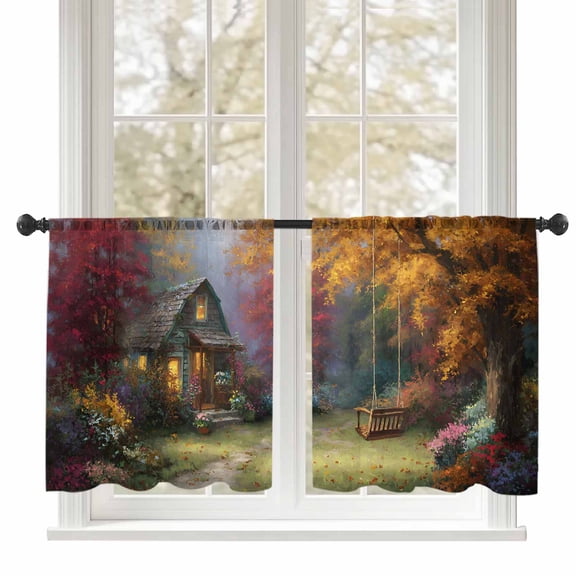 Sheer Curtains 45 inches Long, Forest Cabin Fall Fallen Leaves Tree Swing Pastoral Light Filtering Sheer Window Curtains Rod Pocket Voile Drapes for Bedroom Living Room, 52"W x 45"L 2 Panels