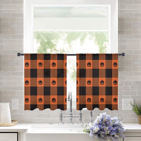 Sheer Curtains 45 inches Long, Funny Pumpkin Pattern on Orange Plaid Light Filtering Sheer Window Curtains Rod Pocket Voile Drapes for Bedroom Living Room, 52"W x 45"L 2 Panels