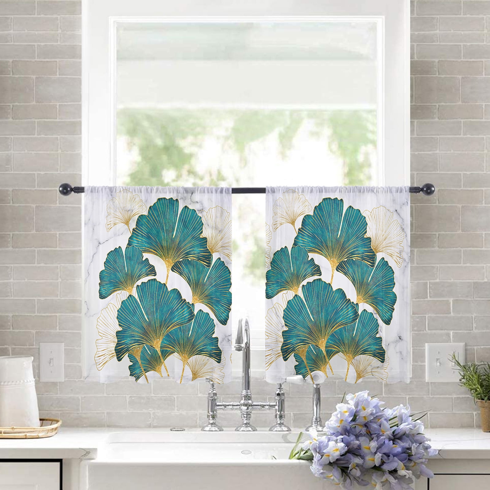 Rod Ginkgo Sheer Curtains 45 inches Long, Ginkgo Biloba Marble Texture Light ...