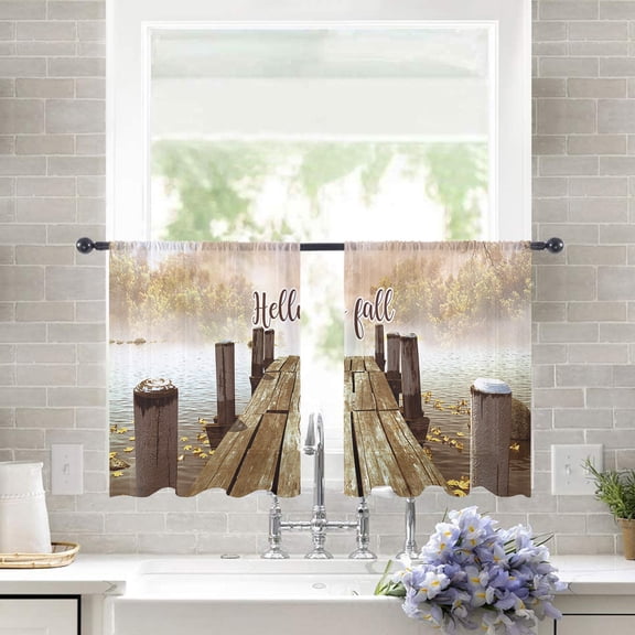 Sheer Curtains 45 inches Long, Hello Fall Old Wharf on Lake, Foggy in Distance Light Filtering Sheer Window Curtains Rod Pocket Voile Drapes for Bedroom Living Room, 52"W x 45"L 2 Panels