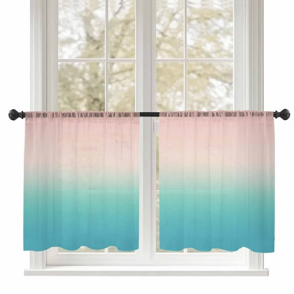 Sheer Curtains 45 inches Long, Pink Cyan Gradient Abstract Ombre Art Light Filtering Sheer Window Curtains Rod Pocket Voile Drapes for Bedroom Living Room, 52"W x 45"L 2 Panels