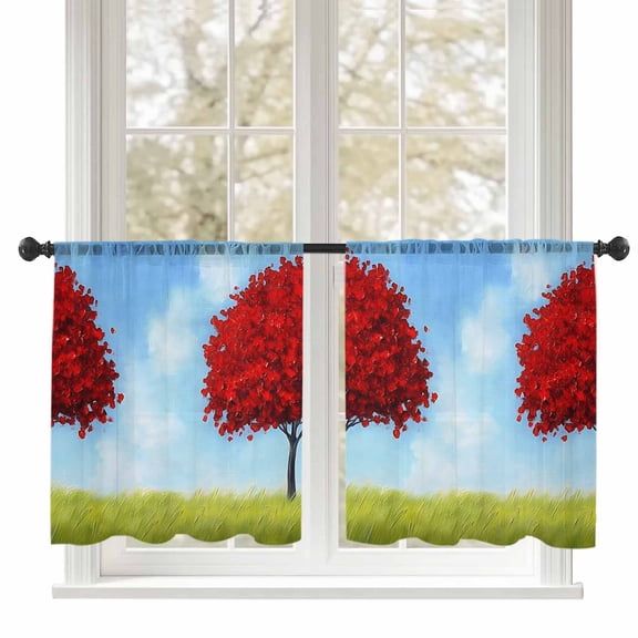 Sheer Curtains 45 inches Long, Red Tree Sky Grass Cloud Scenery Light Filtering Sheer Window Curtains Rod Pocket Voile Drapes for Bedroom Living Room, 52"W x 45"L 2 Panels