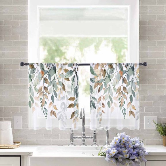 Sheer Curtains 45 inches Long, Retro Farmhouse Style Plants Green Leaves Light Filtering Sheer Window Curtains Rod Pocket Voile Drapes for Bedroom Living Room, 52"W x 45"L 2 Panels