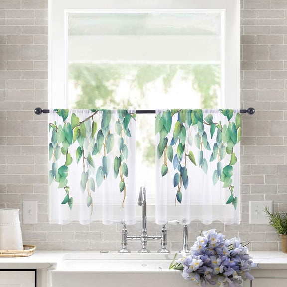 Sheer Curtains 45 inches Long, Rural Elegant Green Leafy Plants Light Filtering Sheer Window Curtains Rod Pocket Voile Drapes for Bedroom Living Room, 52"W x 45"L 2 Panels