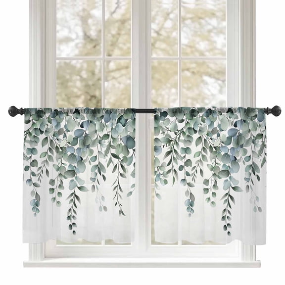Sheer Curtains 45 inches Long, Sage Green Leaves Eucalyptus Leaf Watercolor Plant Light Filtering Sheer Window Curtains Rod Pocket Voile Drapes for Bedroom Living Room, 52"W x 45"L 2 Panels