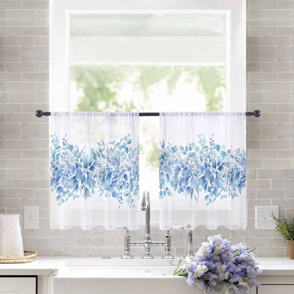 Sheer Curtains 45 inches Long, Spring Plants Blue Eucalyptus Leaves Light Filtering Sheer Window Curtains Rod Pocket Voile Drapes for Bedroom Living Room, 52"W x 45"L 2 Panels