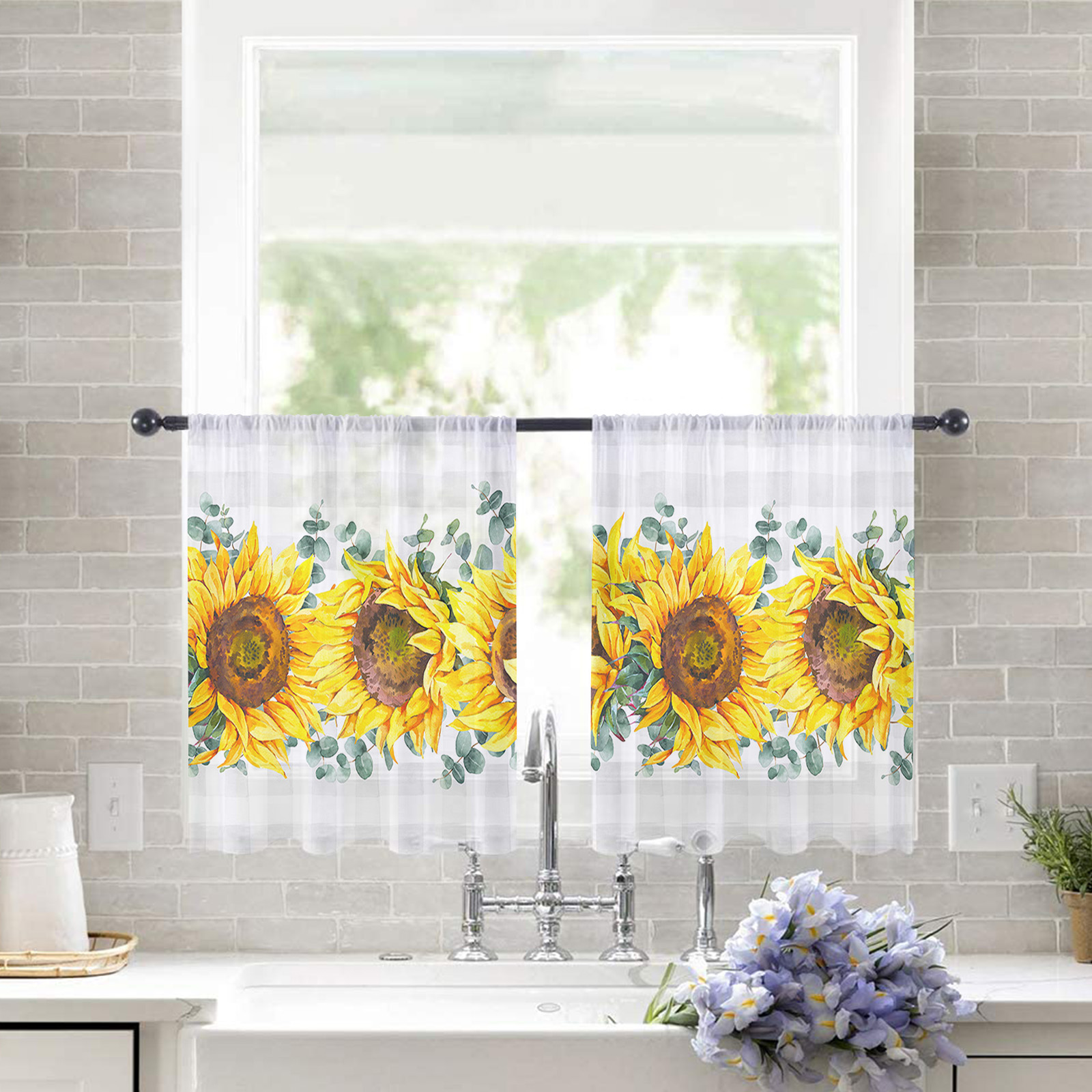 Sheer Curtains 45 inches Long, Spring Summer Farm Sunflower Buffalo
