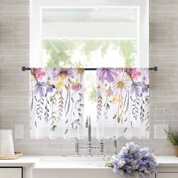 Sheer Curtains 45 inches Long, Summer Wildflowers Leaves Purple Floral Watercolor Light Filtering Sheer Window Curtains Rod Pocket Voile Drapes for Bedroom Living Room, 52"W x 45"L 2 Panels