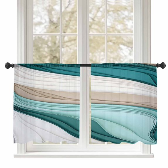 Sheer Curtains 45 inches Long, Teal Beige Gradient Waves Abstract Ombre Geometric Modern Light Filtering Sheer Window Curtains Rod Pocket Voile Drapes for Bedroom Living Room, 52"W x 45"L 2 Panels