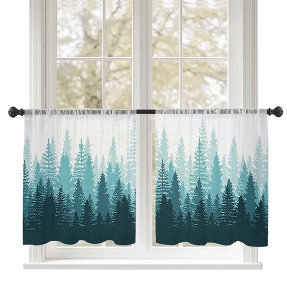 Sheer Curtains 45 inches Long, Teal Forest Nature Woodland Tree Misty Forest Silhouette Landscape Light Filtering Sheer Window Curtains Rod Pocket Voile Drapes for Bedroom, 52"Wx45"L 2 Panels