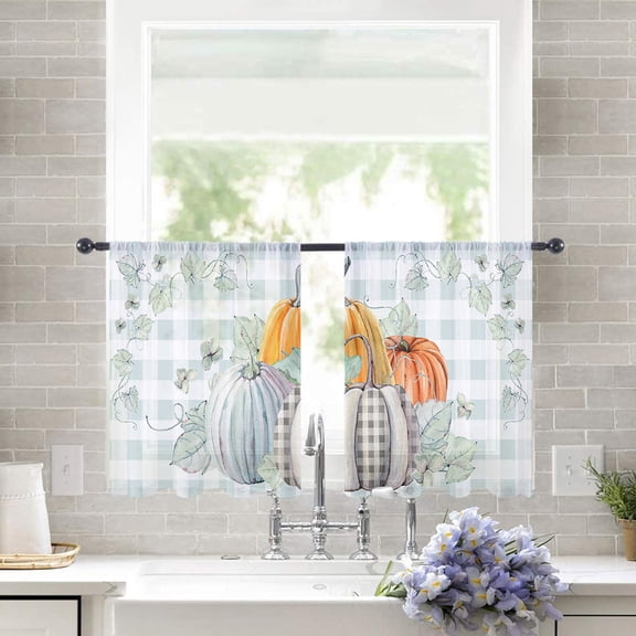 Sheer Curtains 45 inches Long, Thanksgiving Fall Black Plaid Pumpkin Watercolor Light Filtering Sheer Window Curtains Rod Pocket Voile Drapes for Bedroom Living Room, 52"W x 45"L 2 Panels