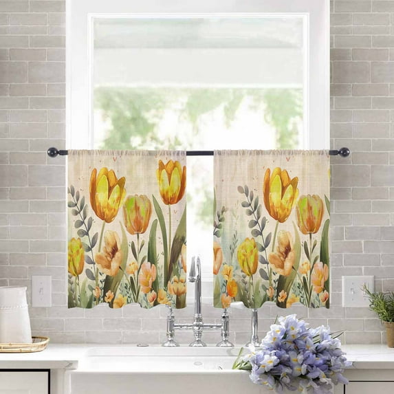 Sheer Curtains 45 inches Long, Yellow Tulip Watercolor Floral Retro Linen Light Filtering Sheer Window Curtains Rod Pocket Voile Drapes for Bedroom Living Room, 52"W x 45"L 2 Panels