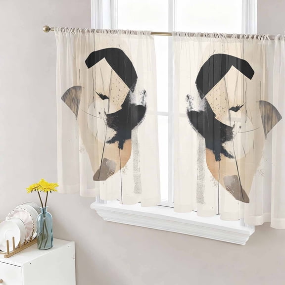 Sheer Curtains 54 Inch Length 2 Panels Set for Kitchen, Beige Black Abstract Art Semi Sheer Curtains for Windows, Geometric Contemporary Luxury Voile Window Treatments Rod Pocket Curtain