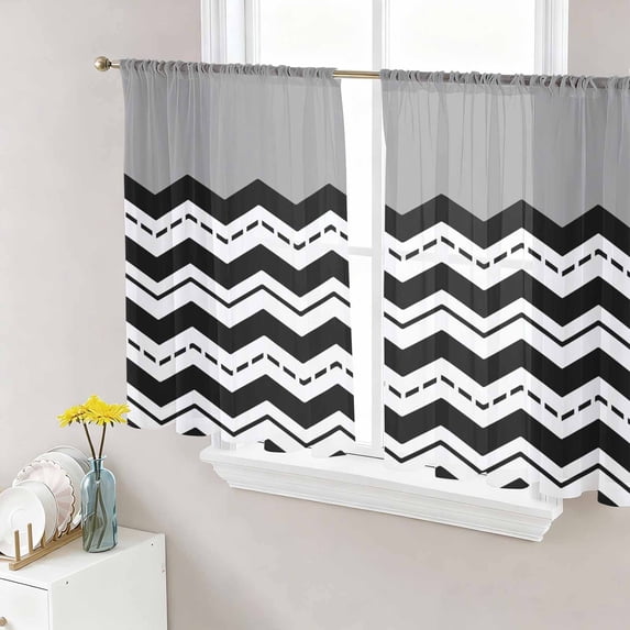 Sheer Curtains 54 Inch Length 2 Panels Set for Kitchen, Black Chevron Semi Sheer Curtains for Windows, Geometric Grey Print Wavy Striped White Voile Window Treatments Rod Pocket Curtain
