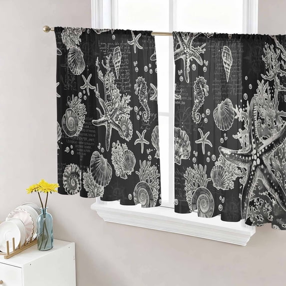 Sheer Curtains 54 Inch Length 2 Panels Set for Kitchen, Black Coastal Starfish Semi Sheer Curtains for Windows, Vintage Coral Seahorse Shell Voile Window Treatments Rod Pocket Curtain