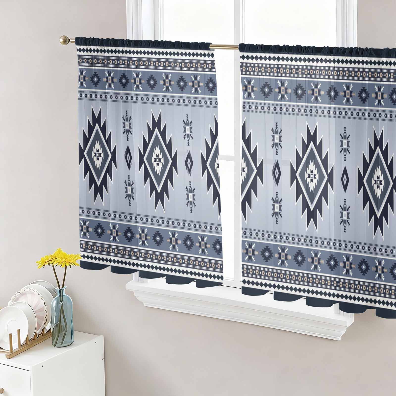 Sheer Curtains 54 Inch Length 2 Panels Set for Kitchen, Blue Aztec Semi ...