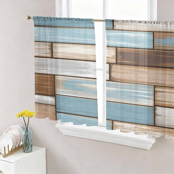 Sheer Curtains 54 Inch Length 2 Panels Set for Kitchen, Blue Beige Brown Vintage Semi Sheer Curtains for Windows, Retro Farmhouse Elegant Pastoral Voile Window Treatments Rod Pocket Curtain