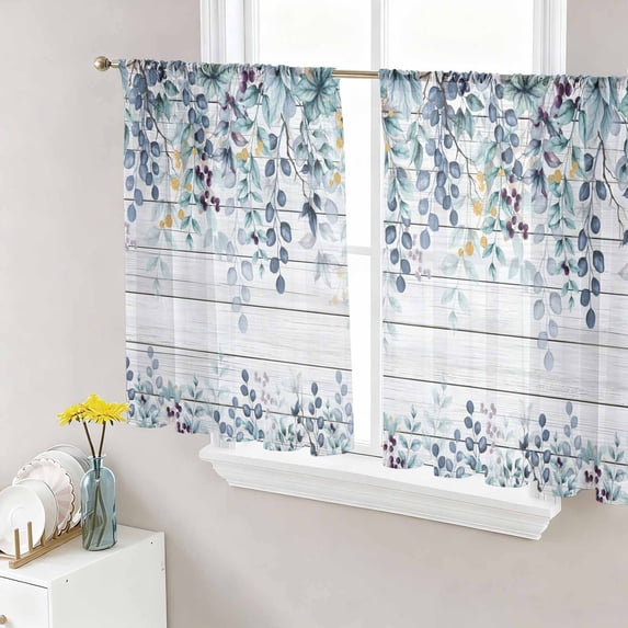 Sheer Curtains 54 Inch Length 2 Panels Set for Kitchen, Blue Eucalyptus Leaves Semi Sheer Curtains for Windows, Summer Botanical Wooden Weeping Voile Window Treatments Rod Pocket Curtain