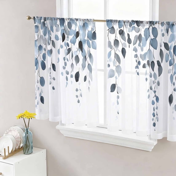 Sheer Curtains 54 Inch Length 2 Panels Set for Kitchen, Blue Eucalyptus Leaves Semi Sheer Curtains for Windows, Watercolor Summer Leaf Voile Window Treatments Rod Pocket Curtain