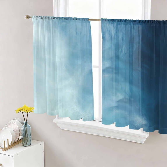 Sheer Curtains 54 Inch Length 2 Panels Set for Kitchen, Blue Ombre Semi Sheer Curtains for Windows, Coastal Beach Modern Abstract Art Voile Window Treatments Rod Pocket Curtain