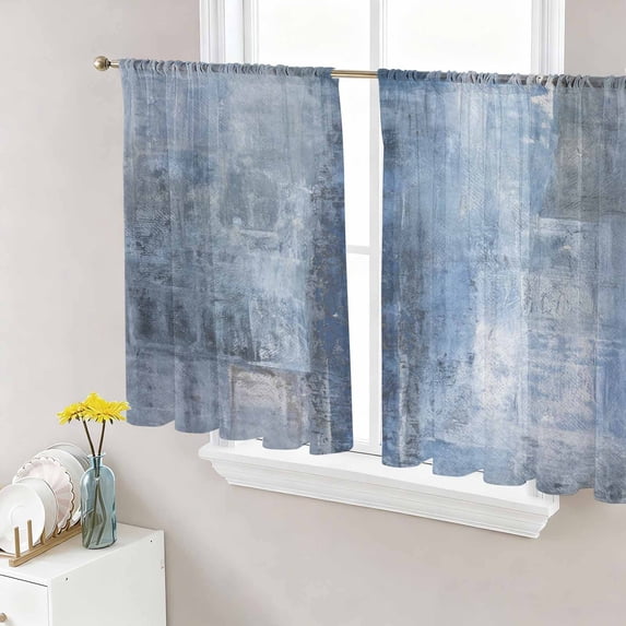 Sheer Curtains 54 Inch Length 2 Panels Set for Kitchen, Blue Semi Sheer Curtains for Windows, Retro Oil Painting Modern Abstract Art Aesthetics Voile Window Treatments Rod Pocket Curtain