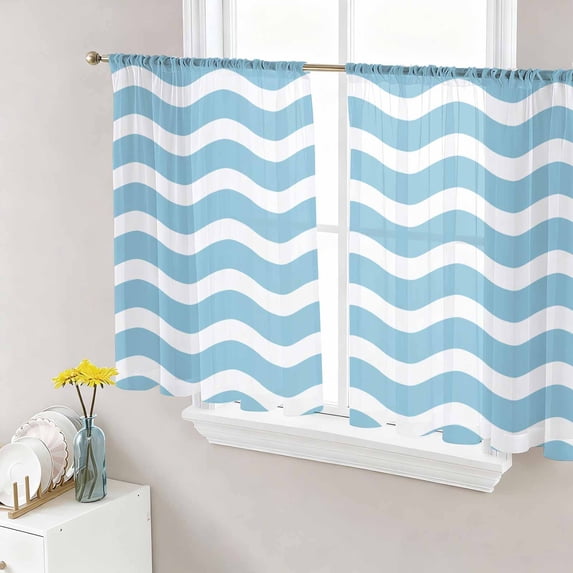 Sheer Curtains 54 Inch Length 2 Panels Set for Kitchen, Blue White Semi Sheer Curtains for Windows, Modern Abstract Waves Water Ripple Striped Voile Window Treatments Rod Pocket Curtain