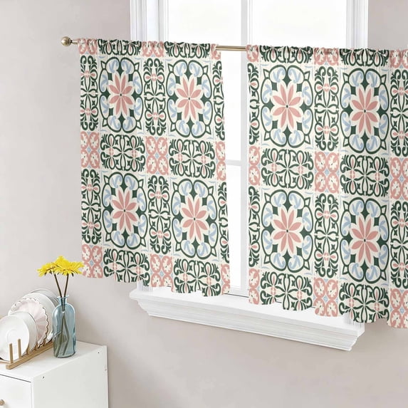 Sheer Curtains 54 Inch Length 2 Panels Set for Kitchen, Boho Flowers Semi Sheer Curtains for Windows, Farmhouse Abstract Geometric Patterned Voile Window Treatments Rod Pocket Curtain