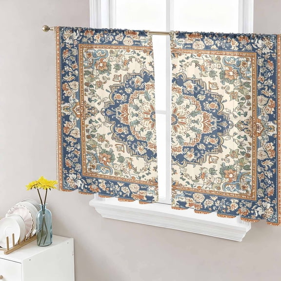 Sheer Curtains 54 Inch Length 2 Panels Set for Kitchen, Boho Southwestern Semi Sheer Curtains for Windows, Heritage Antique Country Blue Voile Window Treatments Rod Pocket Curtain