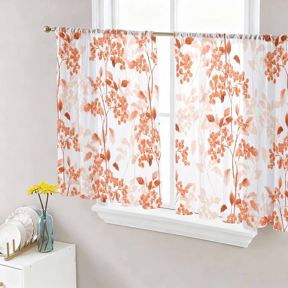 Sheer Curtains 54 Inch Length 2 Panels Set for Kitchen, Burnt Orange Botanical Semi Sheer Curtains for Windows, Vintage Nature Flower Voile Window Treatments Rod Pocket Curtain