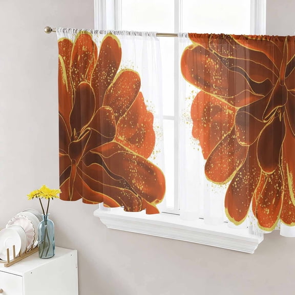 Sheer Curtains 54 Inch Length 2 Panels Set for Kitchen, Burnt Orange Semi Sheer Curtains for Windows, Sparkle Gold Stained Floral Flower Art Voile Window Treatments Rod Pocket Curtain