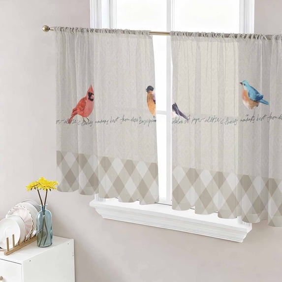 Sheer Curtains 54 Inch Length 2 Panels Set for Kitchen, Christmas Cardinal Semi Sheer Curtains for Windows, Vintage Winter Birds Brown Plaid Voile Window Treatments Rod Pocket Curtain
