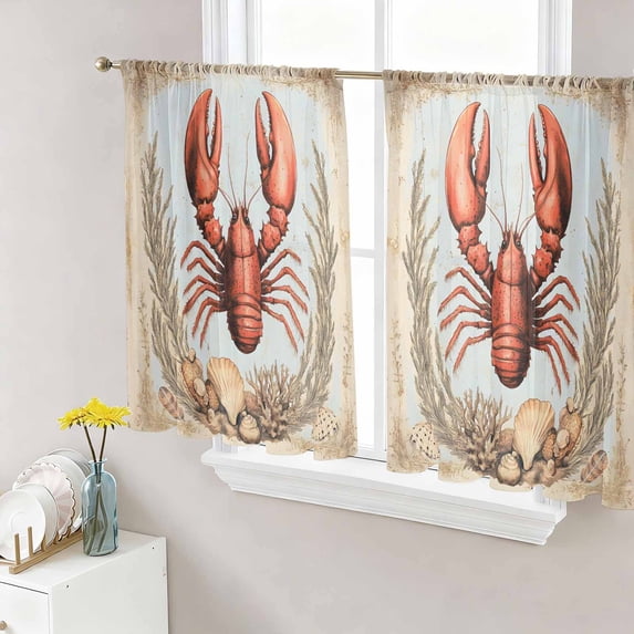 Sheer Curtains 54 Inch Length 2 Panels Set for Kitchen, Coastal Lobster Semi Sheer Curtains for Windows, Vintage Beach Coral Shell Nautical Voile Window Treatments Rod Pocket Curtain