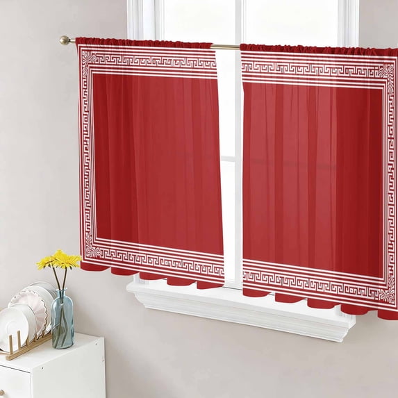 Sheer Curtains 54 Inch Length 2 Panels Set for Kitchen, Dark Red Greek Key Semi Sheer Curtains for Windows, Geometric Greece Ancient Farmhouse Geo Voile Window Treatments Rod Pocket Curtain