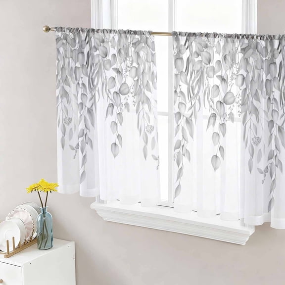 Sheer Curtains 54 Inch Length 2 Panels Set for Kitchen, Eucalyptus Leaves Semi Sheer Curtains for Windows, Grey Summer Botanical Weeping Voile Window Treatments Rod Pocket Curtain