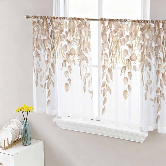 Sheer Curtains 54 Inch Length 2 Panels Set for Kitchen, Eucalyptus Leaves Semi Sheer Curtains for Windows, Khaki Summer Botanical Weeping Voile Window Treatments Rod Pocket Curtain