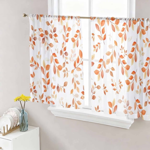 Sheer Curtains 54 Inch Length 2 Panels Set for Kitchen, Fall Leaf Semi Sheer Curtains for Windows, Retro Autumn Tree Branch Ombre Orange Voile Window Treatments Rod Pocket Curtain