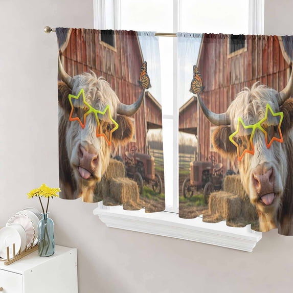 Sheer Curtains 54 Inch Length 2 Panels Set for Kitchen, Farm Yaks Semi Sheer Curtains for Windows, Farmhouse Barn Funny Animals Butterfly Voile Window Treatments Rod Pocket Curtain