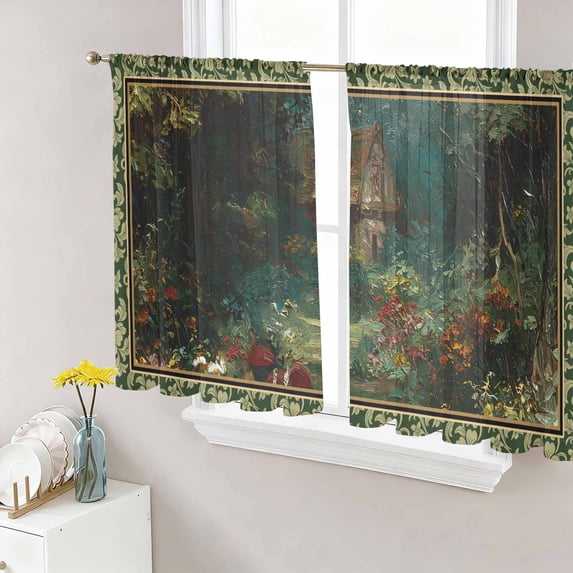 Sheer Curtains 54 Inch Length 2 Panels Set for Kitchen, Forest Semi Sheer Curtains for Windows, Spring Oil Painting Country Cabin Trees Flower Voile Window Treatments Rod Pocket Curtain