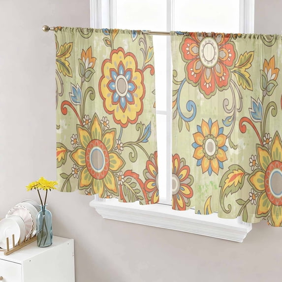 Sheer Curtains 54 Inch Length 2 Panels Set for Kitchen, Gray Green Boho Floral Semi Sheer Curtains for Windows, Vintage Abstract Art Ethnic Flowers Voile Window Treatments Rod Pocket Curtain