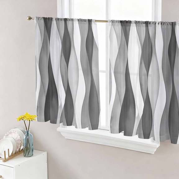 Sheer Curtains 54 Inch Length 2 Panels Set for Kitchen, Gray Stripes Semi Sheer Curtains for Windows, Vintage Farmhouse Greyish Ripple Pattern Voile Window Treatments Rod Pocket Curtain