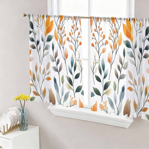 Sheer Curtains 54 Inch Length 2 Panels Set for Kitchen, Green Orange Leaves Semi Sheer Curtains for Windows, Spring Garden Botanical Voile Window Treatments Rod Pocket Curtain