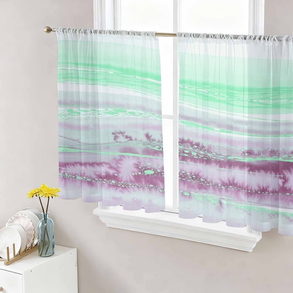 Sheer Curtains 54 Inch Length 2 Panels Set for Kitchen, Green Purple Ombre Semi Sheer Curtains for Windows, Abstract Modern Art Fluid Striped Voile Window Treatments Rod Pocket Curtain