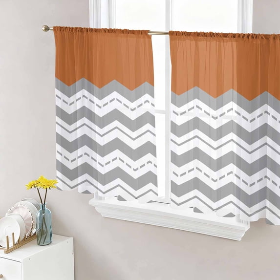 Sheer Curtains 54 Inch Length 2 Panels Set for Kitchen, Grey Chevron Semi Sheer Curtains for Windows, Geometric Orange Print Wavy Striped White Voile Window Treatments Rod Pocket Curtain