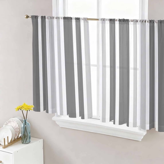 Sheer Curtains 54 Inch Length 2 Panels Set for Kitchen, Grey Stripe Semi Sheer Curtains for Windows, Farmhouse Minimalist Striped Voile Window Treatments Rod Pocket Curtain