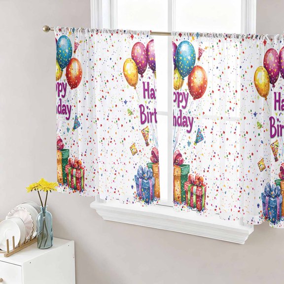 Sheer Curtains 54 Inch Length 2 Panels Set for Kitchen, Happy Birthday Semi Sheer Curtains for Windows, Cartoon Colorful Balloon Gift Funny Voile Window Treatments Rod Pocket Curtain