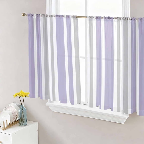 Sheer Curtains 54 Inch Length 2 Panels Set for Kitchen, Light Purple Grey Stripe Semi Sheer Curtains for Windows, Farmhouse Minimalist Striped Voile Window Treatments Rod Pocket Curtain