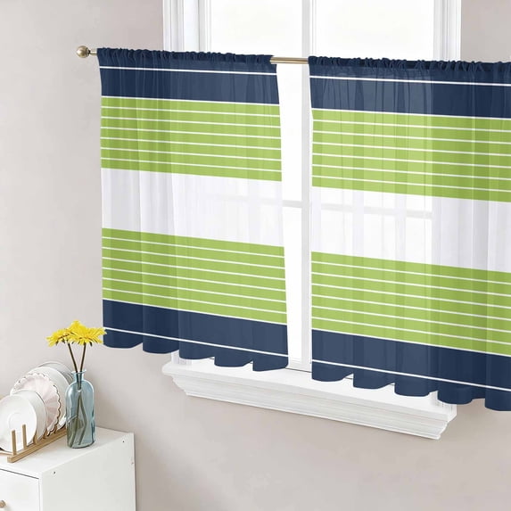 Sheer Curtains 54 Inch Length 2 Panels Set for Kitchen, Navy Blue Green Stripe Semi Sheer Curtains for Windows, Modern Art Horizontal Striped Voile Window Treatments Rod Pocket Curtain