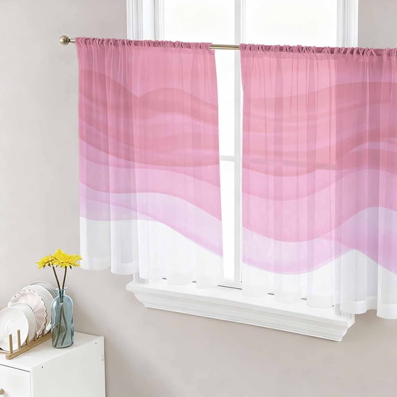 Sheer Curtains 54 Inch Length 2 Panels Set for Kitchen, Ombre Waves Semi Sheer Curtains for Windows, Abstract Art Gradient Pink Modern Voile Window Treatments Rod Pocket Curtain
